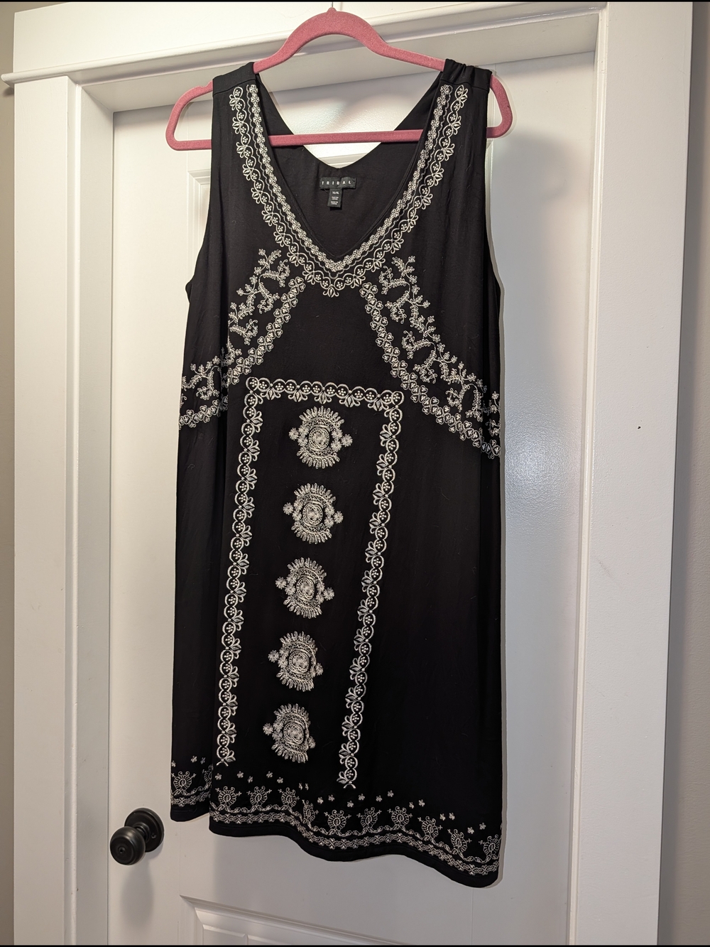 Tribal Black Embroidered V-Neck Sleeveless Dress